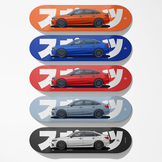 Five skateboard decks with cars on a white background