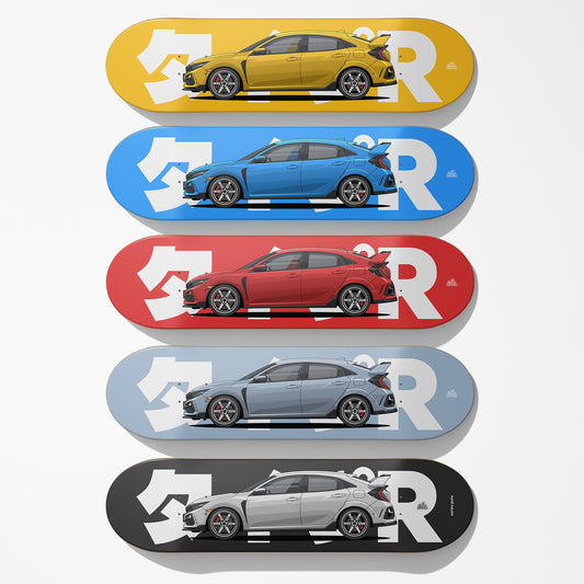 Five skateboard decks with different colored cars on a white background