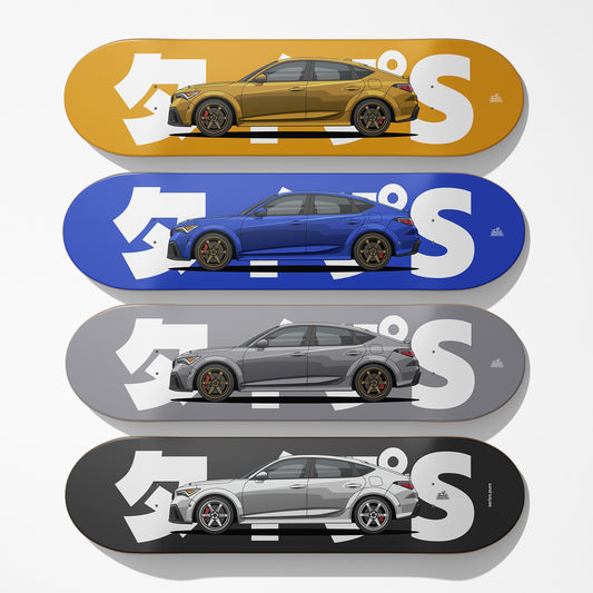 Four skateboard decks with different colored cars on a white background