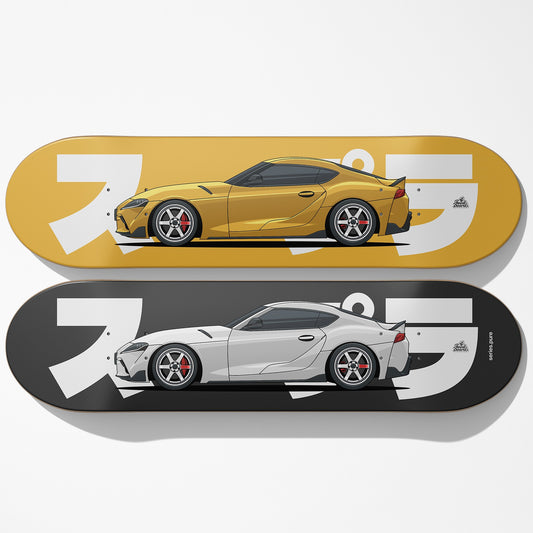 Two skateboard decks with sports car designs on a white background