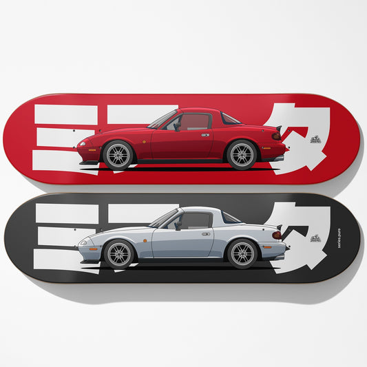 Two skateboard decks with car illustrations on a white background