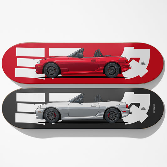 Two skateboard decks with car illustrations on a white background