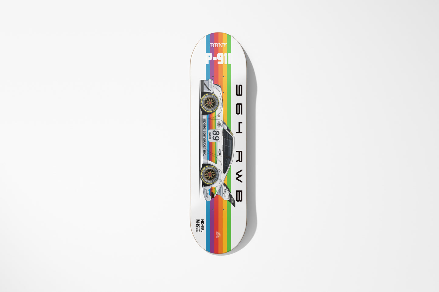 Skateboard deck with car design on a white background