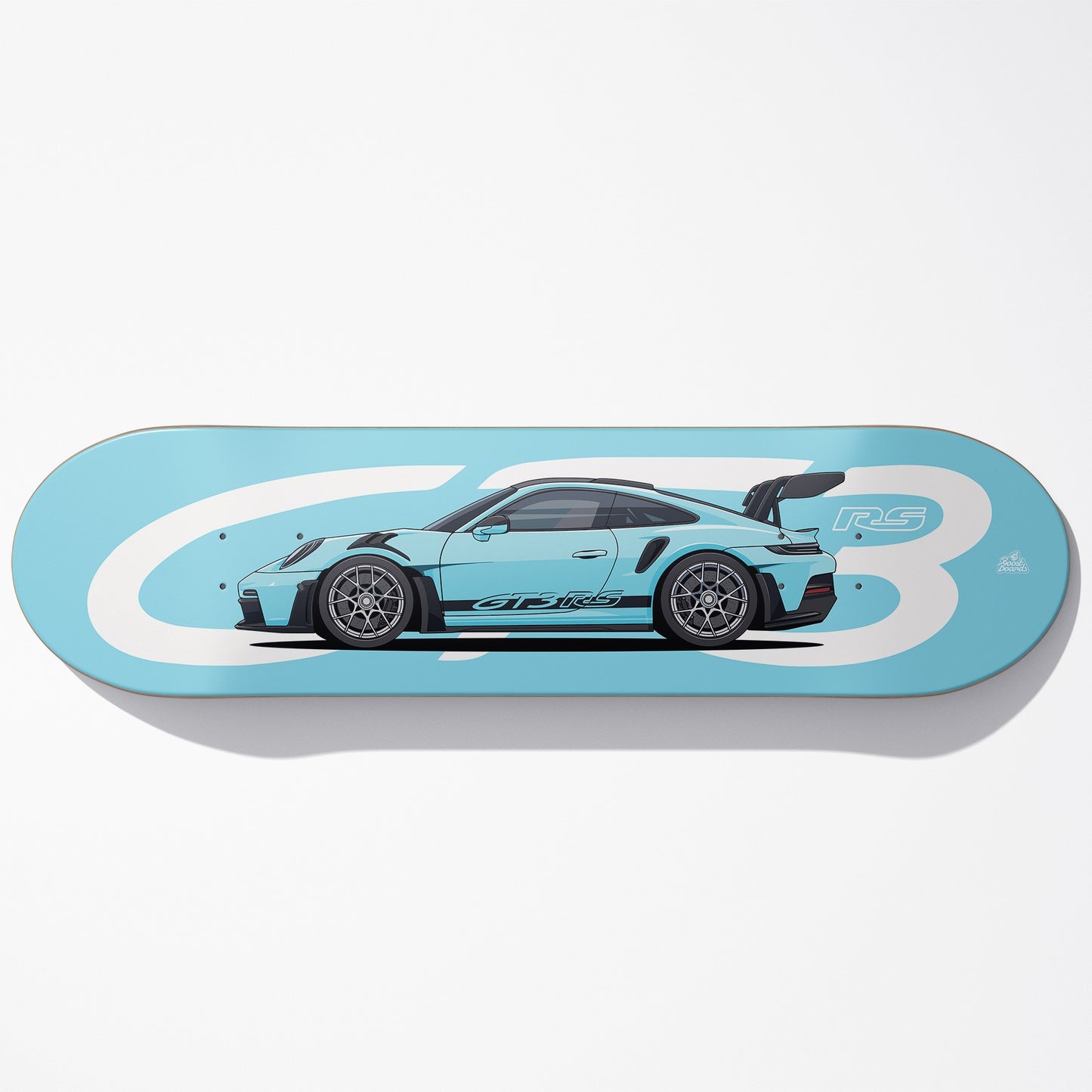 Skateboard deck with a car design and 'RS' branding on a light blue background