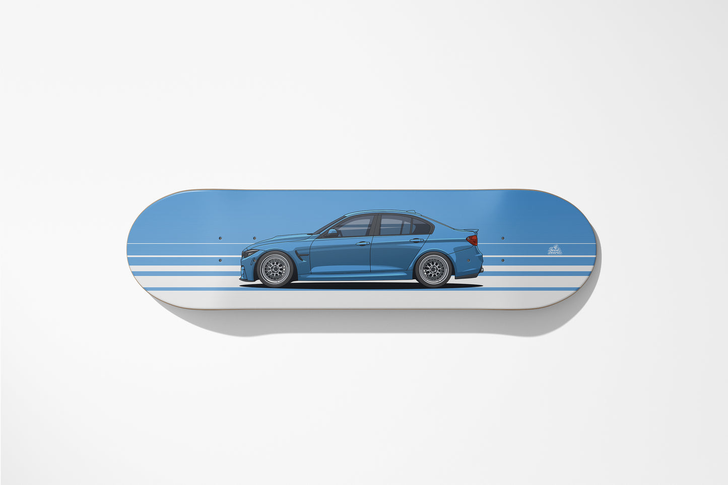 Skateboard deck with a blue car design on a white background
