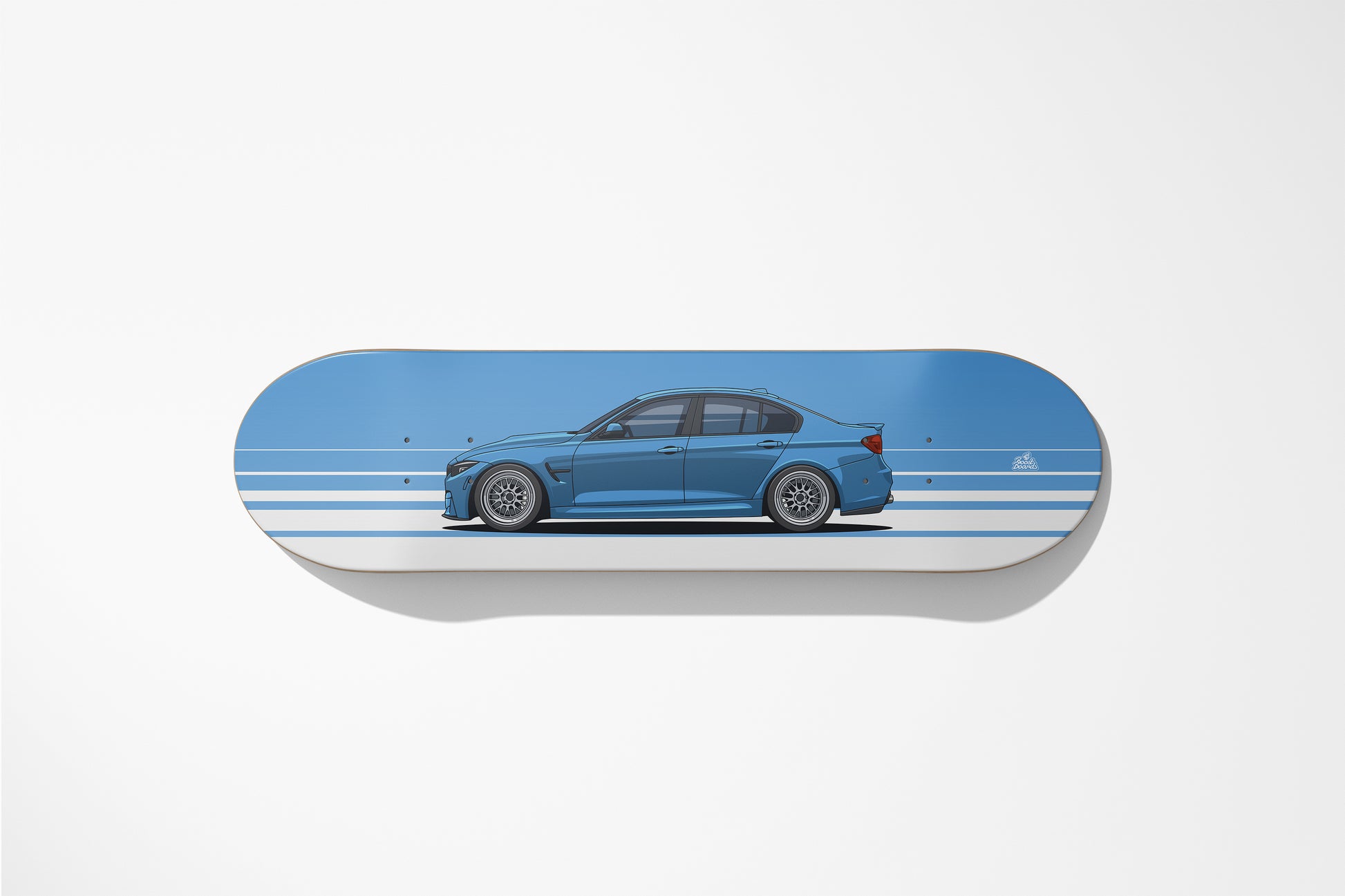 Skateboard deck with a blue car design on a white background