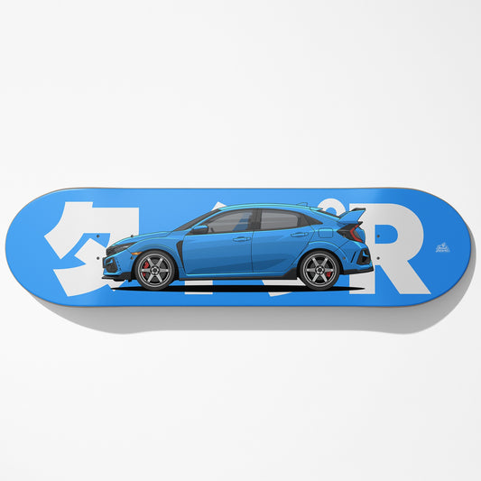 Skateboard deck with a blue car design and white text on a gray background