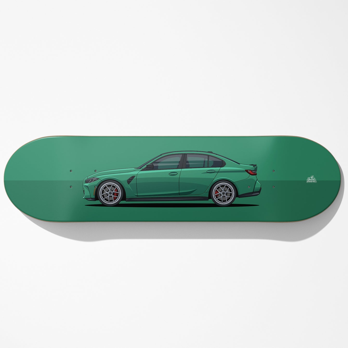 Green skateboard deck with a car illustration on a white background