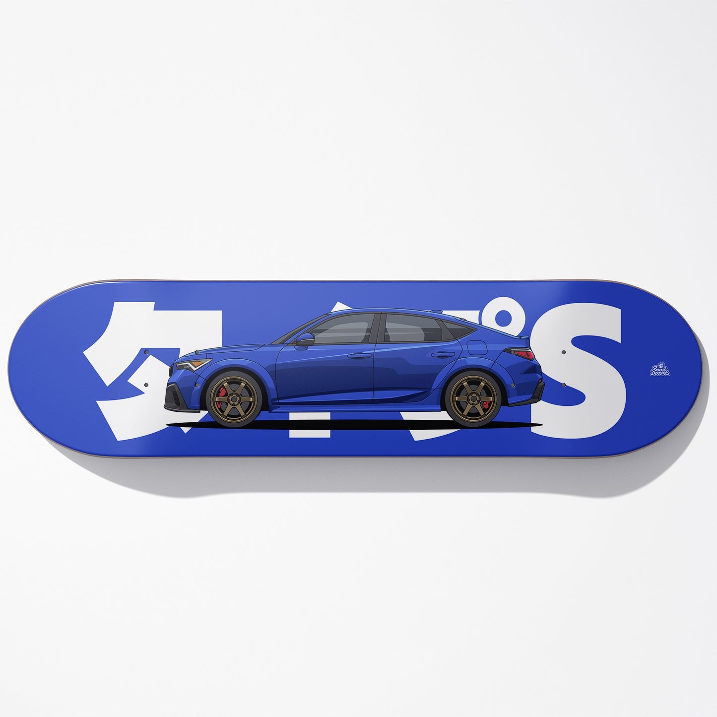 Skateboard deck with a blue car design and white text on a white background