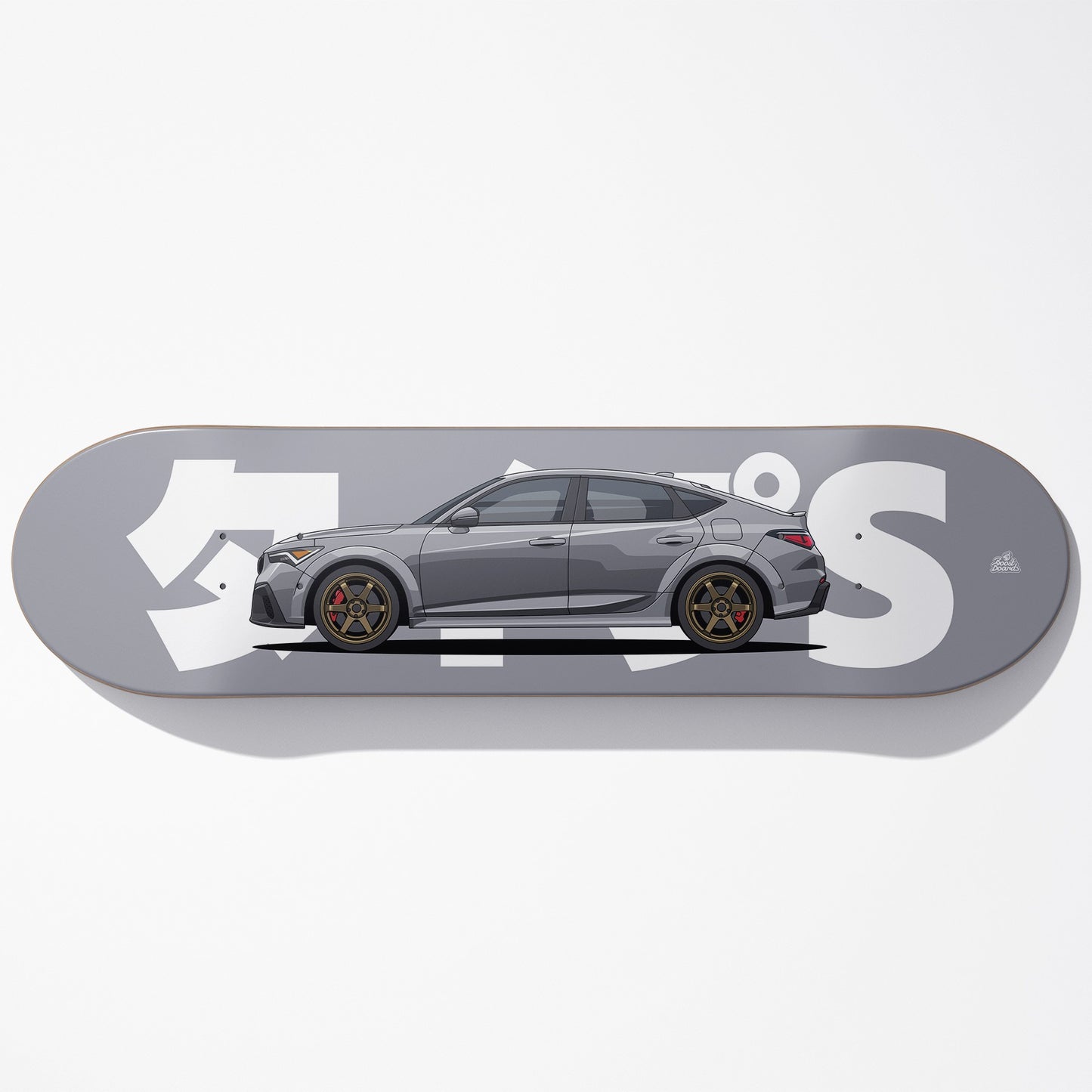 Skateboard deck with a car design and visible brand logo on a white background