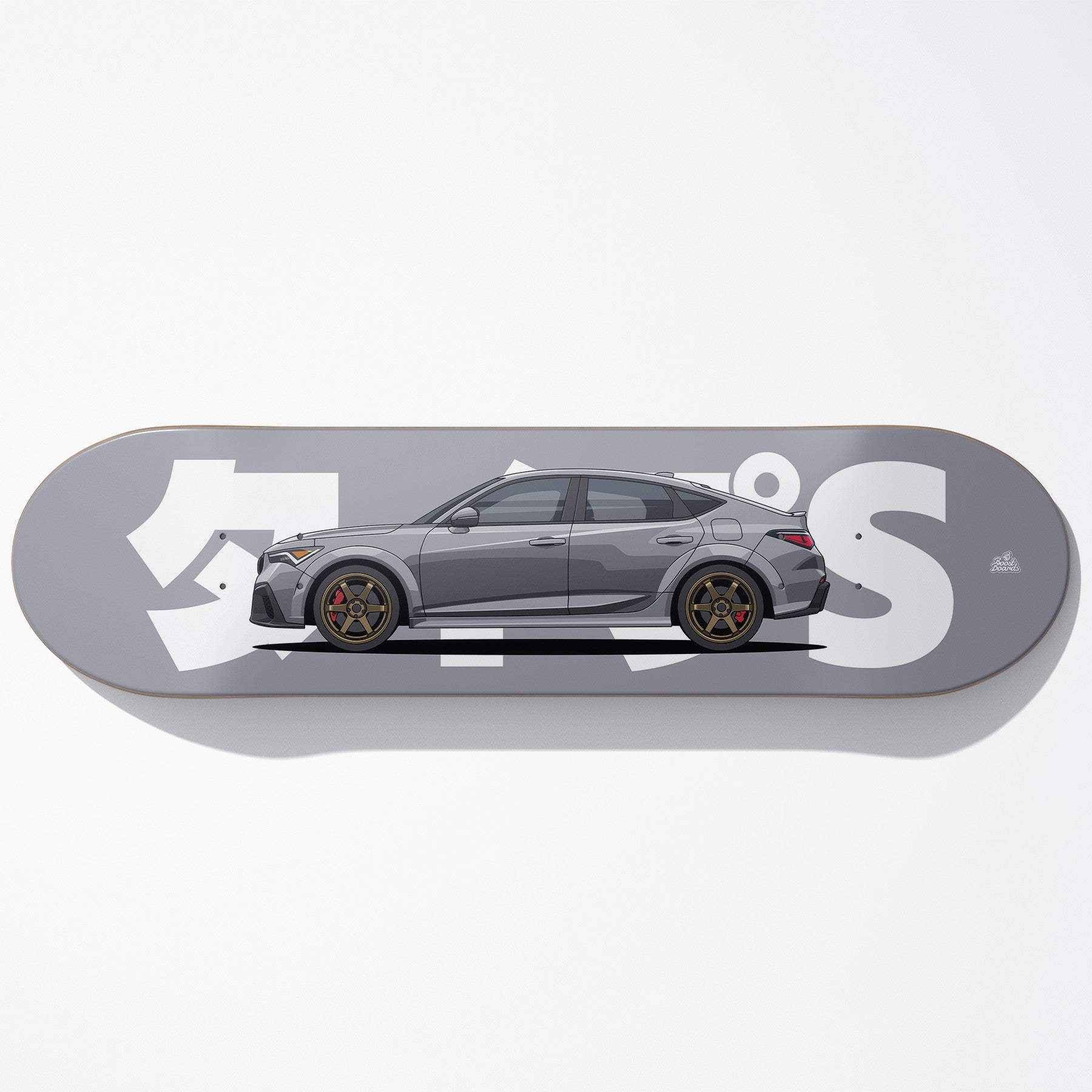 Skateboard deck with a car design and visible brand logo on a white background