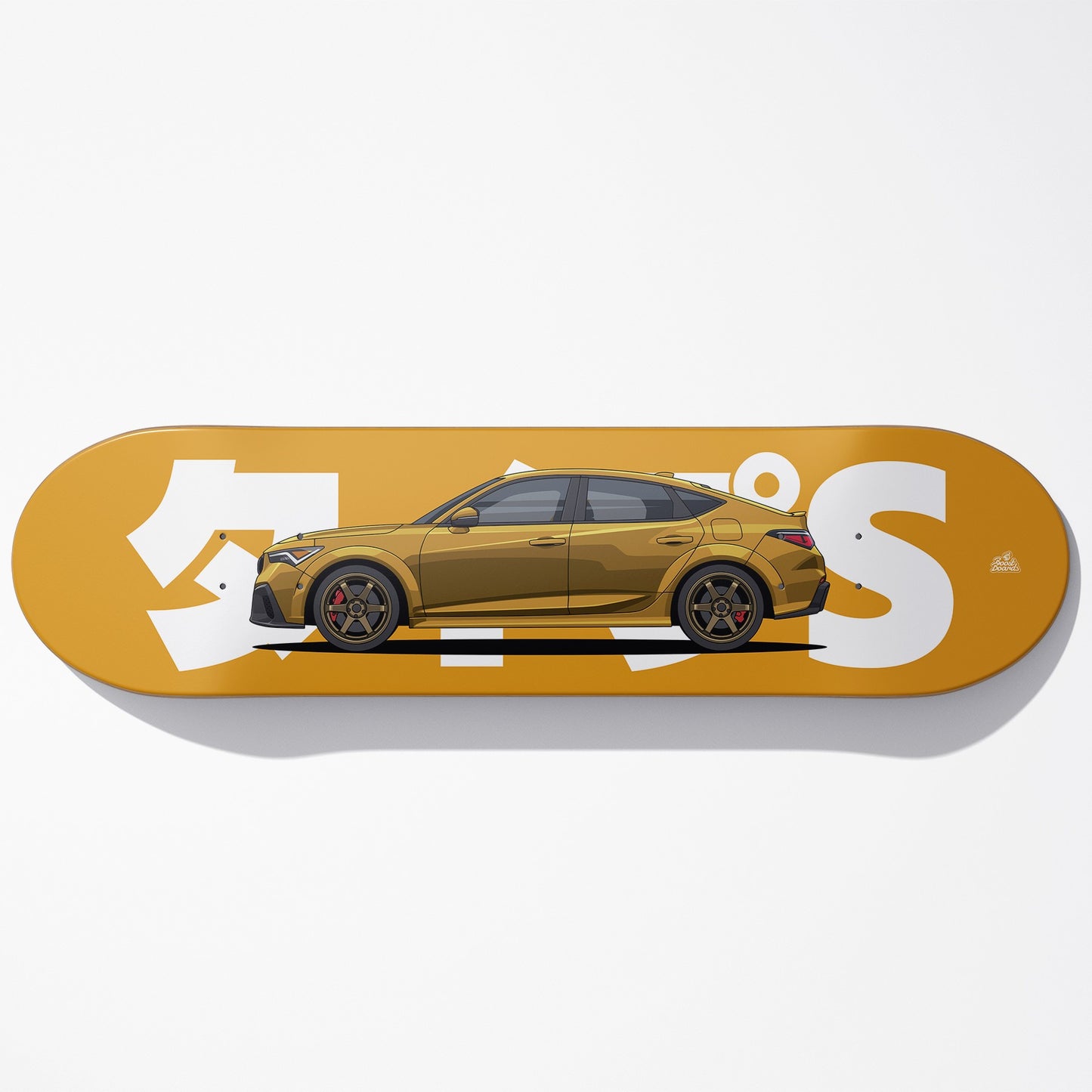 Skateboard deck with a car design and 'S' logo on a white background