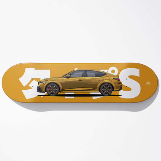 Skateboard deck with a car design and 'S' logo on a white background