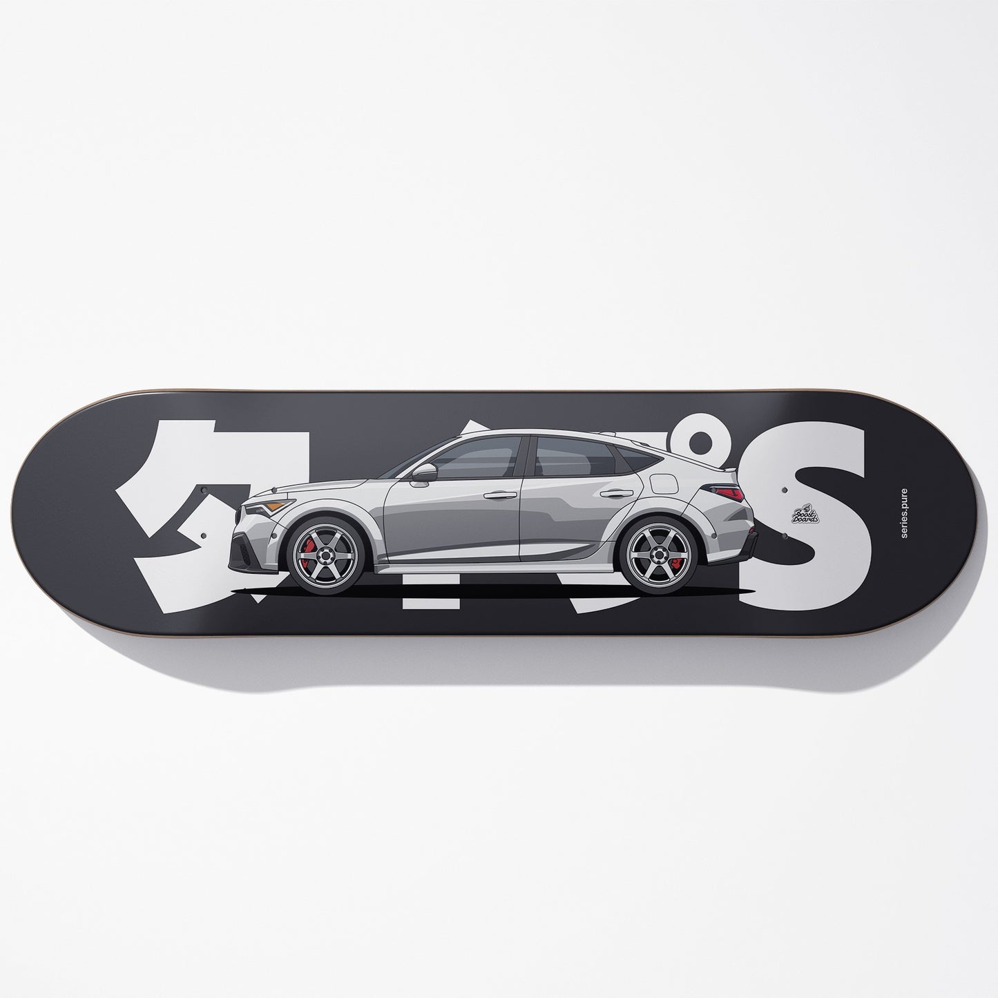 Skateboard deck with a car design and text on a white background