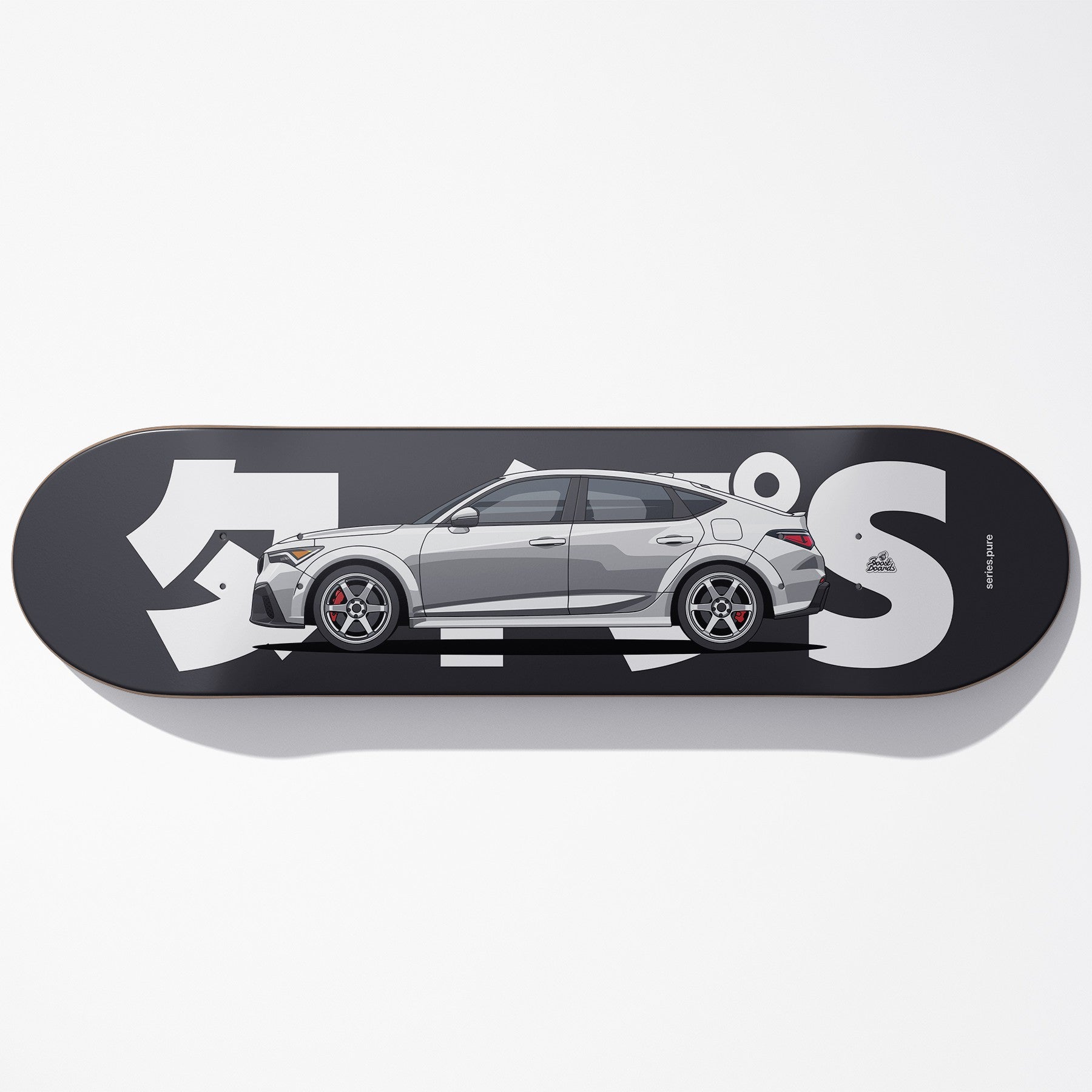 Skateboard deck with a car design and text on a white background