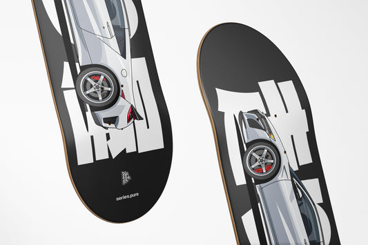 Two skateboard decks with car illustrations on a white background