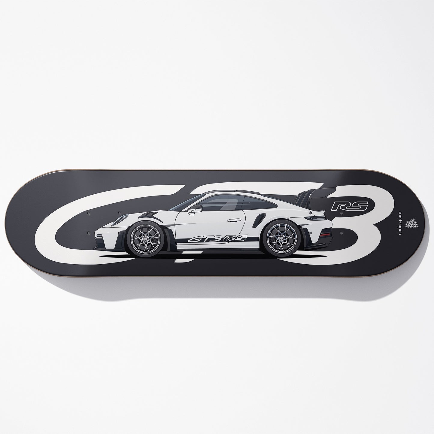 Skateboard deck with a car design and 'RS' branding on a black background